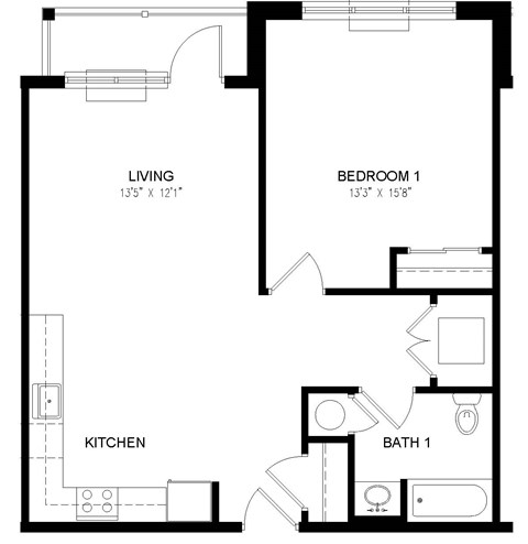 Floor plan for 1 bed, 1 bath, 740 sqft